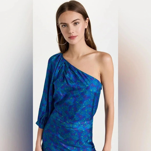 Veronica Beard Lyric One-Shoulder 100% Silk Top in Cobalt Multi Floral - Picture 3 of 14